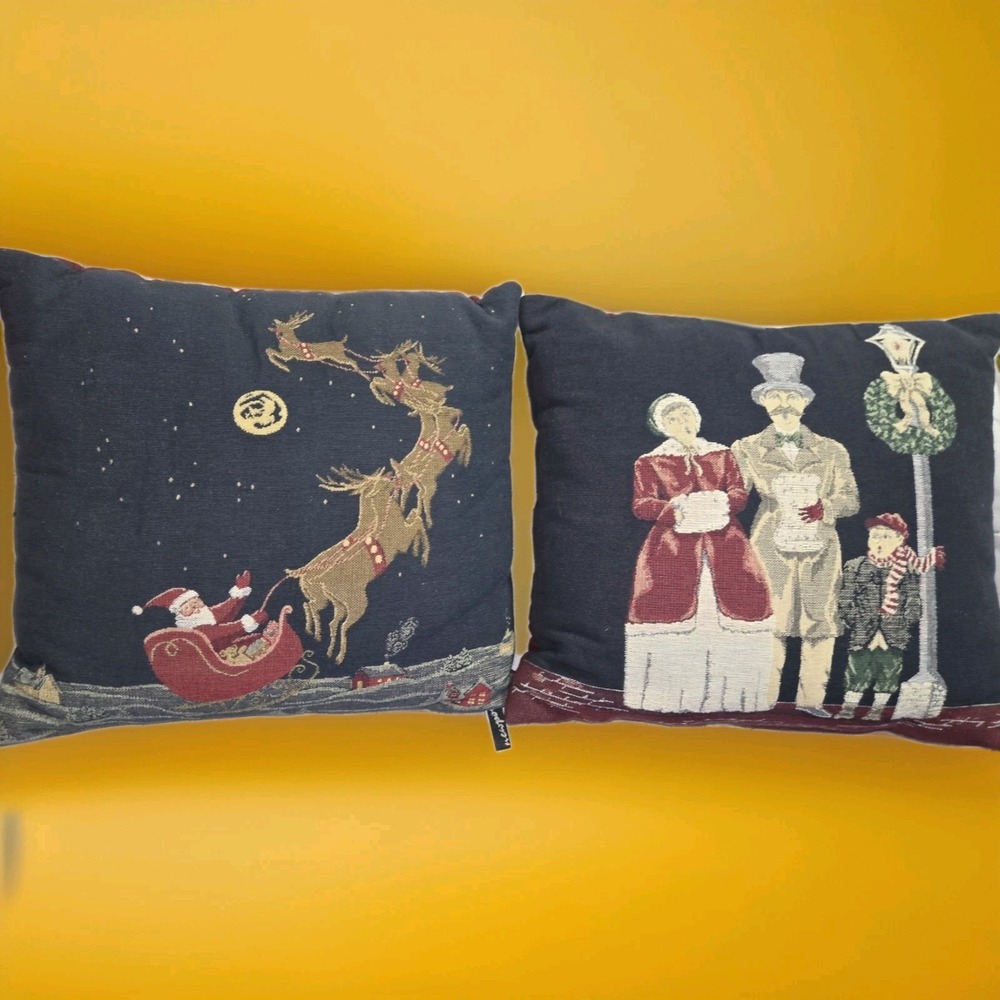 Vintage Newport Tapestry Christmas Throw Pillows Set Of 2 Santa Singing 14 X 16